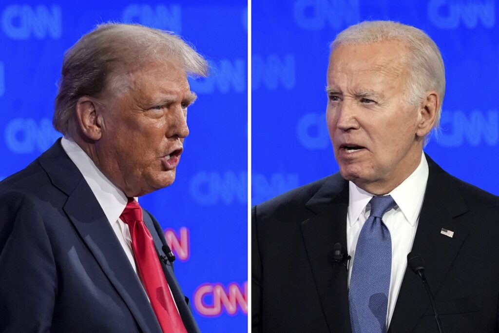 Election 2024 Debate This combination of photos shows Republican presidential candidate former President Donald Trump, left, and President Joe Biden during a presidential debate hosted by CNN, Thursday, June 27, 2024, in Atlanta.