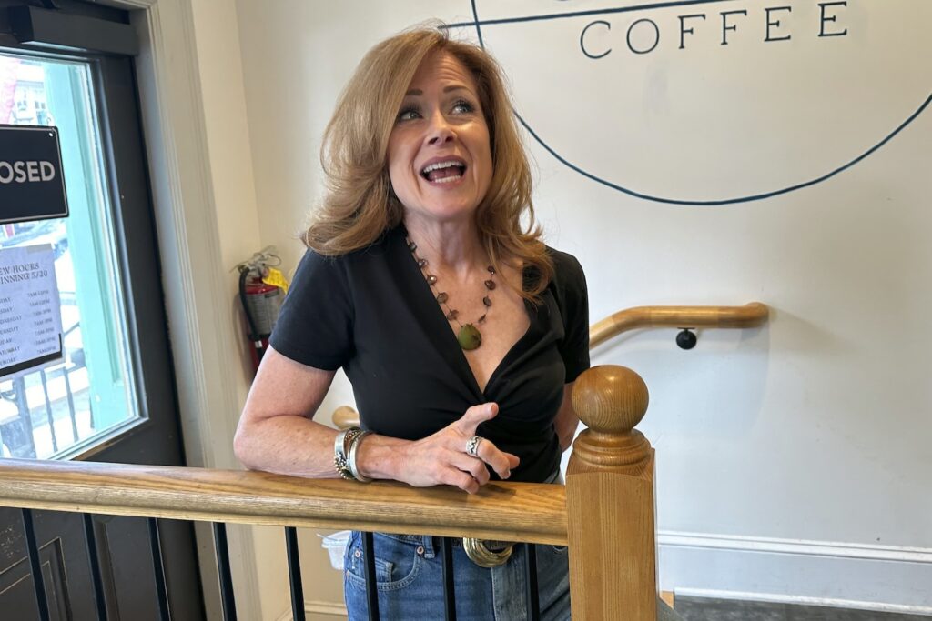 Election 2024 Suburban Women Terry Sykes is seen speaking in Newtown, Pa.