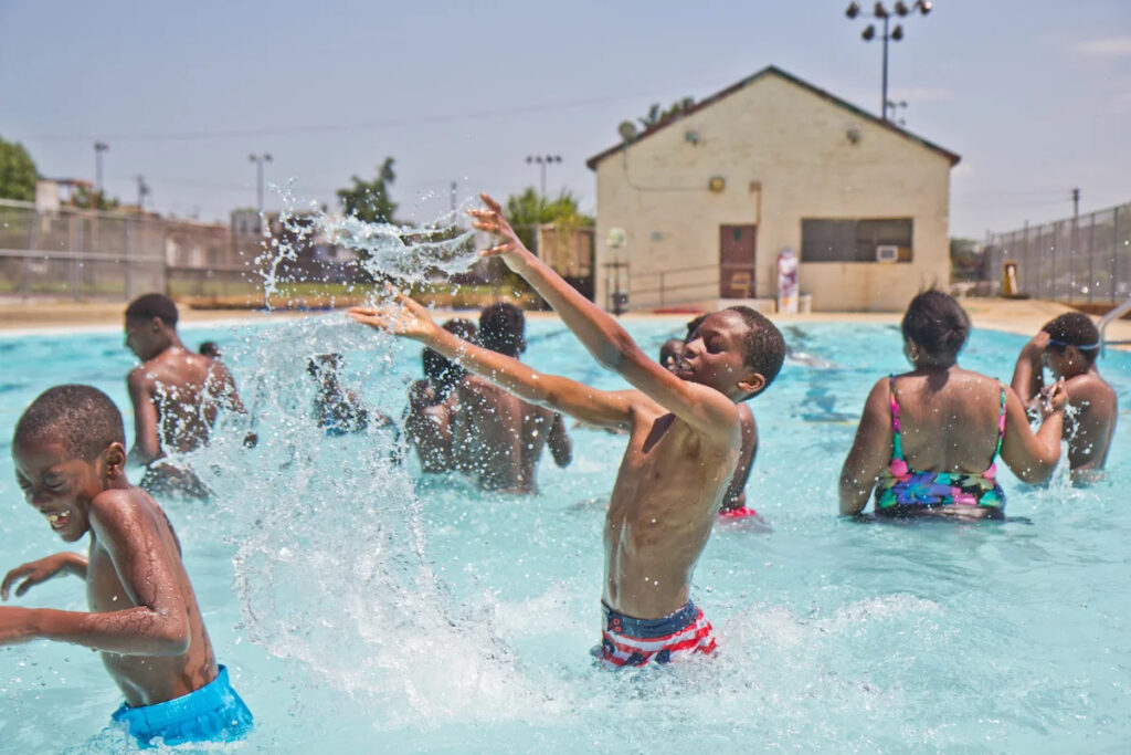 kids play in a pool