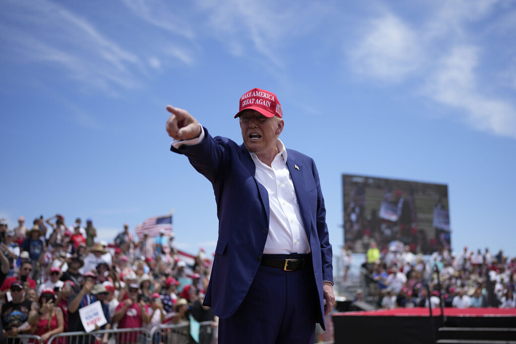 Election 2024 Trump Republican presidential candidate, former President Donald Trump motions to the crowd after speaking at a campaign rally Sunday, June 9, 2024, in Las Vegas. (AP Photo/John Locher)