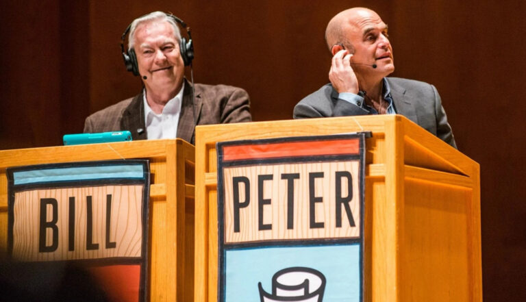 Bill Kurtis and Peter Sagal at a taping of 'Wait Wait...Don't Tell Me!'