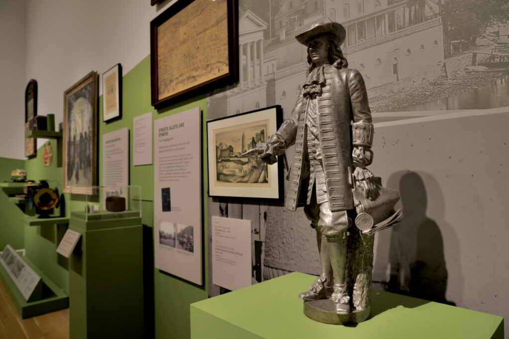 2024 07 16-e lee-philadelphia pafa-atwater kent collection exhibit william penn mini sculpture of William Penn on display