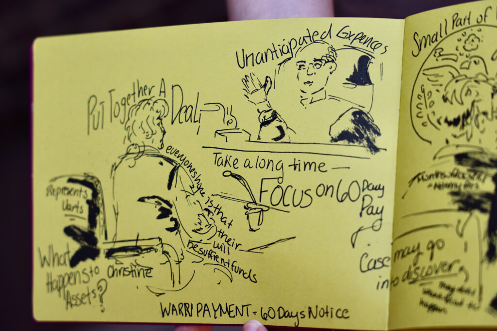 2024 07 17-e lee-philadelphia us courthouse-uarts lawsuit sketch A closeup of the sketchbook
