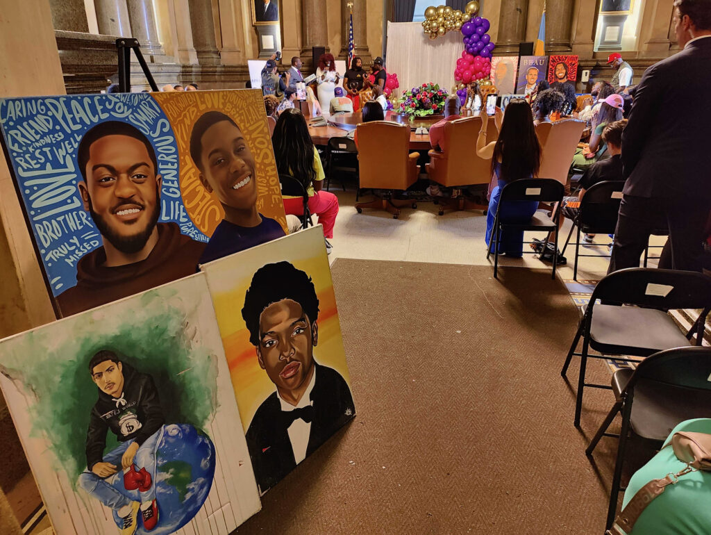 2024 07 17-p crimmins-philadelphia city hall-apologues honored portraits Since 2018, The Apologues has helped families cope with the loss of loved ones to gun violence through original portraiture. The organization was honored at Philadelphia City Hall with official citations. (Peter Crimmins/WHYY)