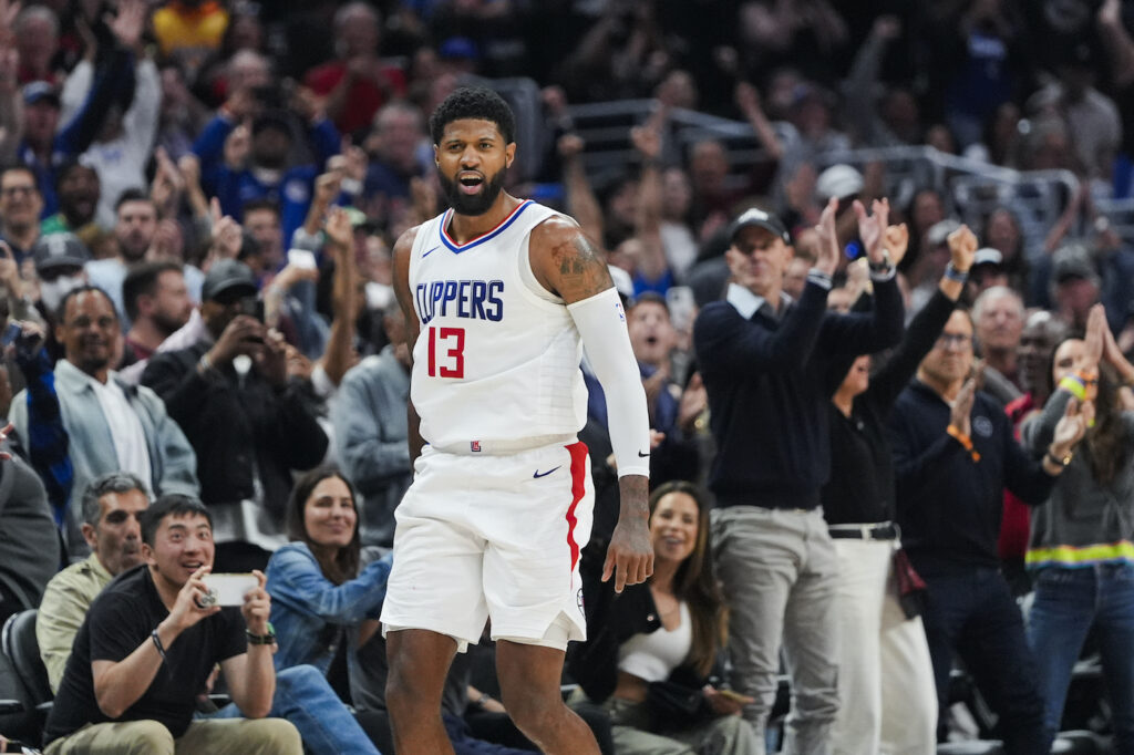 Cavaliers Clippers Basketball Paul George celebrates on the court