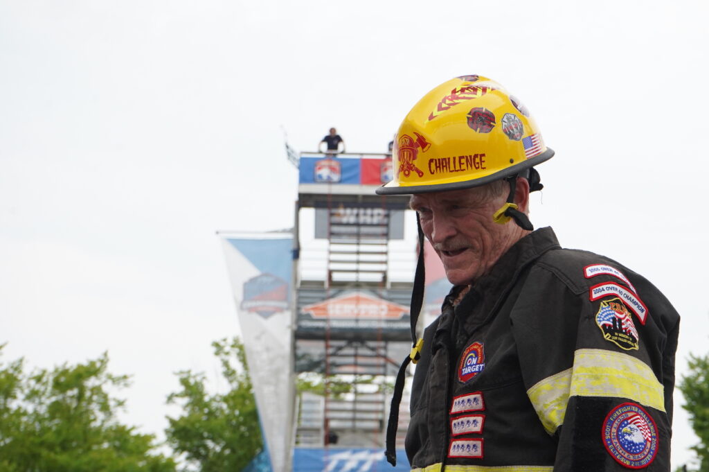 Firefighter Joey Horton gets up off the mat after completing the course (1) Joey Horton at the obstacle course