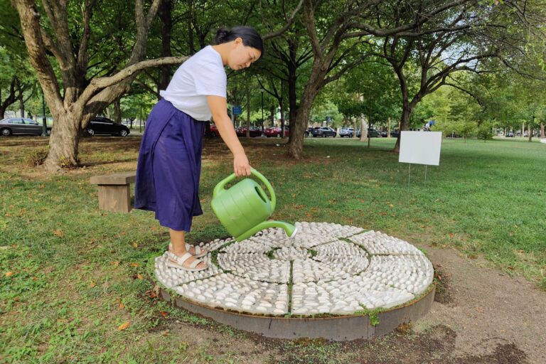 Rachel Hsu waters her piece