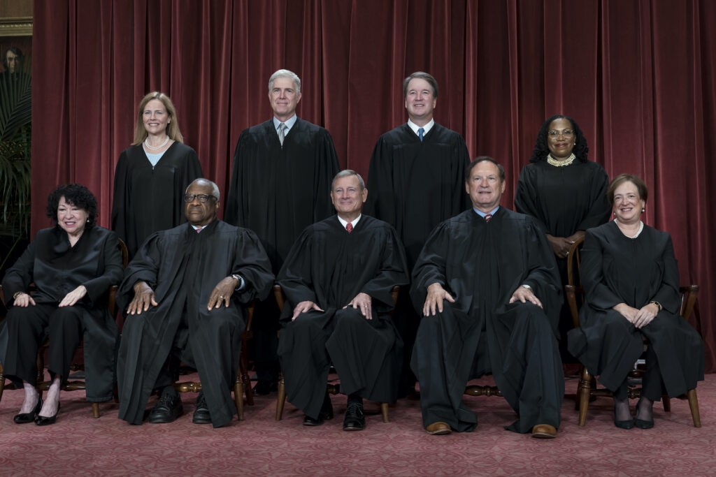 Sonia Sotomayor, Clarence Thomas, John Roberts, Samuel Alito, Elena Kagan, Amy Coney Barrett, Neil Gorsuch, Brett Kavanaugh, Ketanji Brown Jackson Group portrait of the Supreme Court