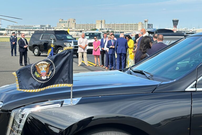 President Biden arrives at Philadelphia International Airport. (Carmen Russell-Sluchansky/WHYY)
