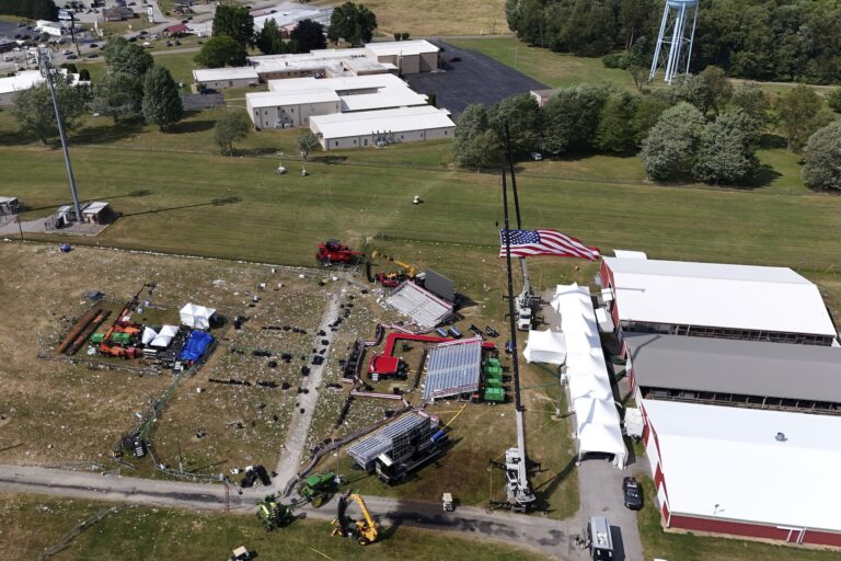 This aerial photo of the Butler Farm Show, site of the Saturday, July 13, 2024 Trump campaign rally, shown Monday, July 15, 2024 in Butler, Pa.