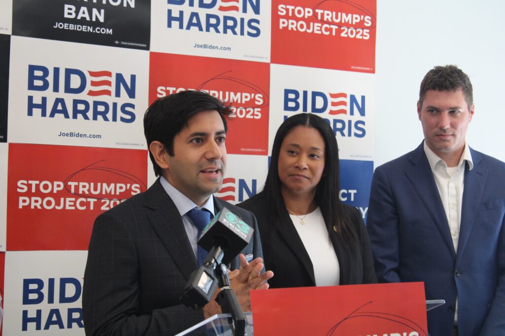commissioners-biden-3 Montgomery County Commissioner Neil Makhija speaks in support of the Biden-Harris campaign as Montco Commissioner Jamila Winder and Chester County Commissioner Josh Maxwell look on