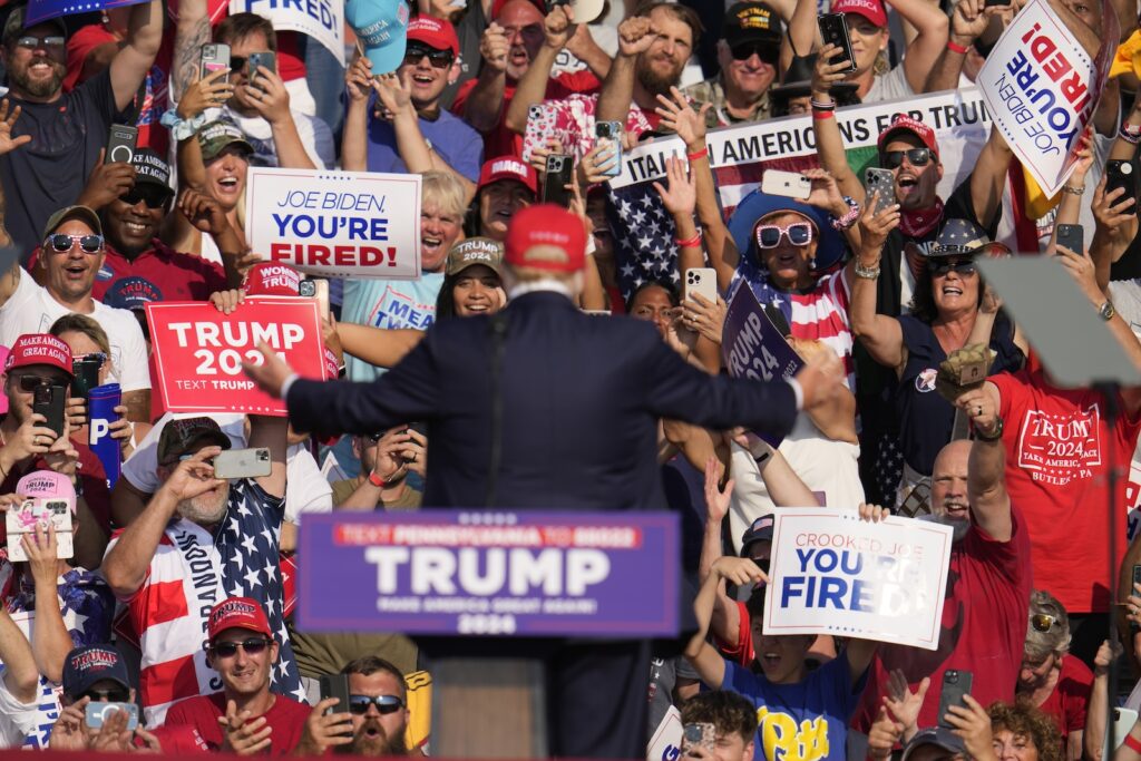 Election 2024 Trump Republican presidential candidate former President Donald Trump addresses the crowd at a campaign event in Butler, Pa., on Saturday, July 13, 2024.