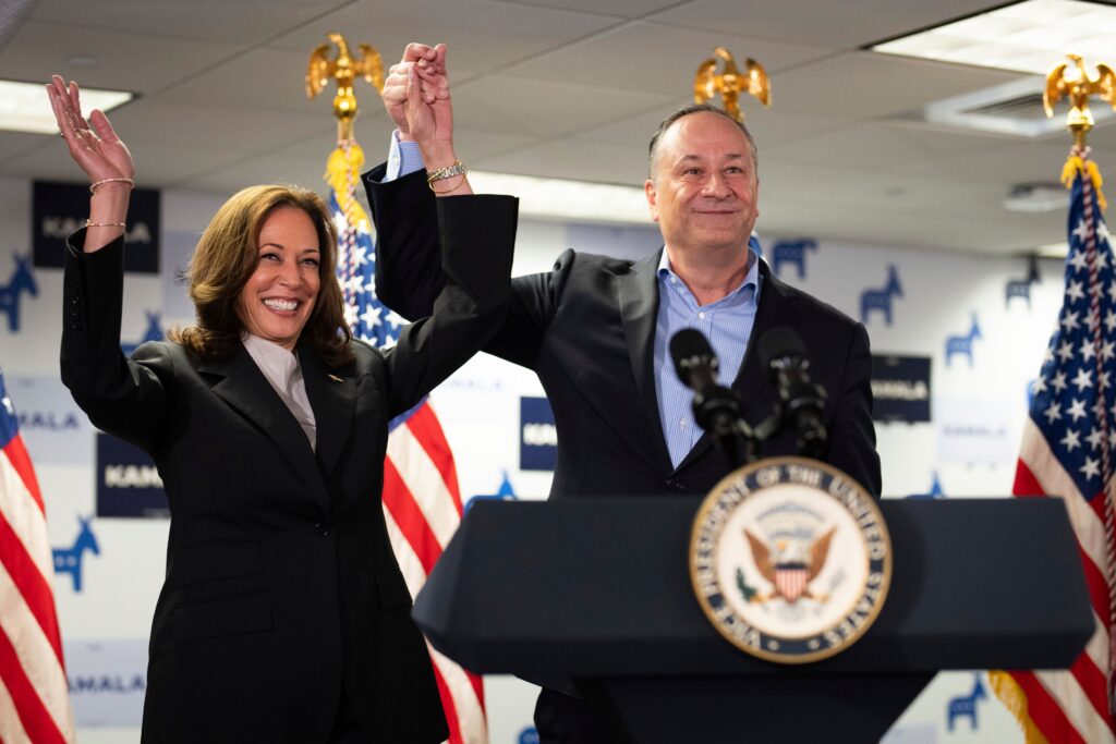 doug-emhoff-kamala-harris FILE - Vice President Kamala Harris, left, and second gentleman Doug Emhoff address staff at her campaign headquarters in Wilmington, Del., July 22, 2024. The nation's first second gentleman, Emhoff could become its first first gentlemen after November. Emhoff is used to traveling the country championing his wife and the Biden administration's accomplishments in his current job. But now that Harris is the presumptive Democratic nominee, those efforts have been thrust into the political spotlight like never before. (Erin Schaff/The New York Times via AP, Pool, File)