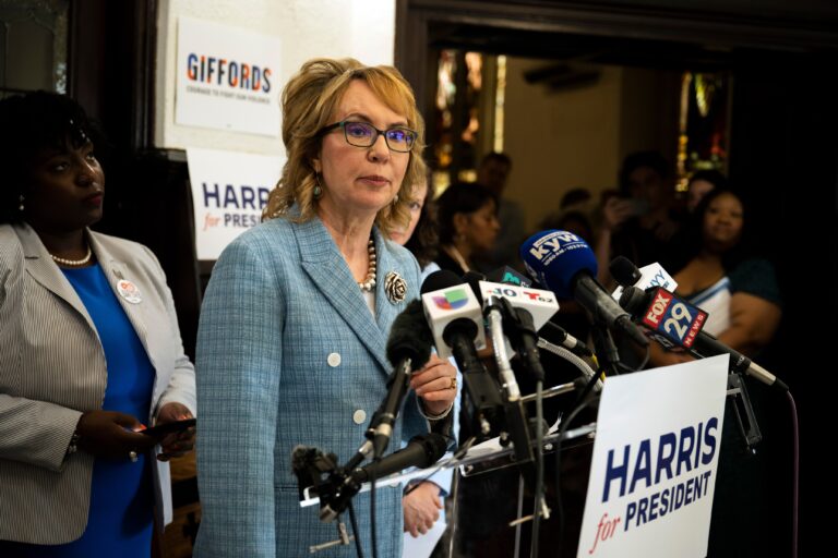 Former U.S. Rep. Gabby Giffords speaks during a campaign event for Vice President Kamala Harris, Thursday, July 25, 2024 in Philadelphia. (AP Photo/Joe Lamberti)