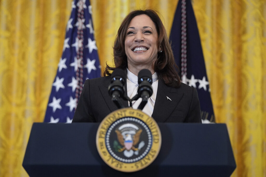 Kamala Harris Vice President Kamala Harris speaks in the East Room of the White House, March 18, 2024, in Washington.