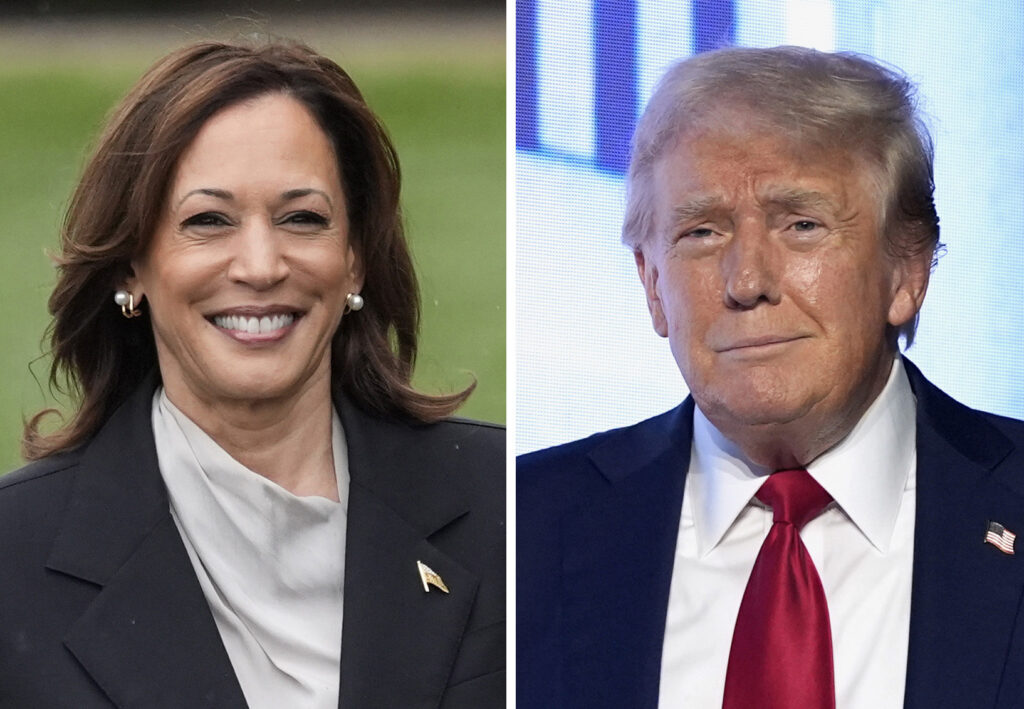 Kamala Harris and Donald Trump This combination photo shows Vice President Kamala Harris, left, at the White House in Washington, July 22, 2024, and Republican presidential candidate former President Donald Trump at an event July 26, 2024, in West Palm Beach, Fla. (
