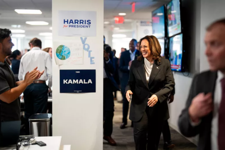 Vice President Harris greets staff at campaign headquarters in Wilmington, Del.