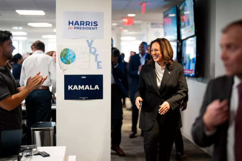kamala-harris-getty Vice President Harris greets staff at campaign headquarters in Wilmington, Del.