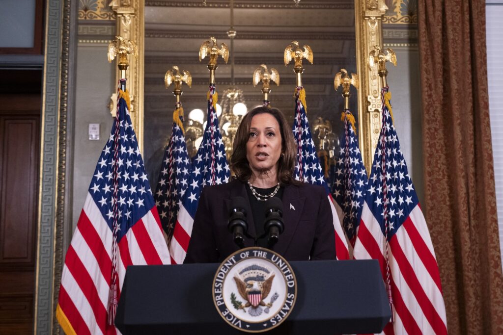 US-ISRAEL-DIPLOMACY-POLITICS-HARRIS-NETANYAHU Kamala Harris speaking at a podium