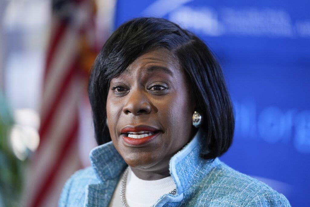 Philadelphia City Workers Philadelphia Mayor Cherelle Parker speaks at Philadelphia International Airport, Feb. 16, 2024, in Philadelphia.