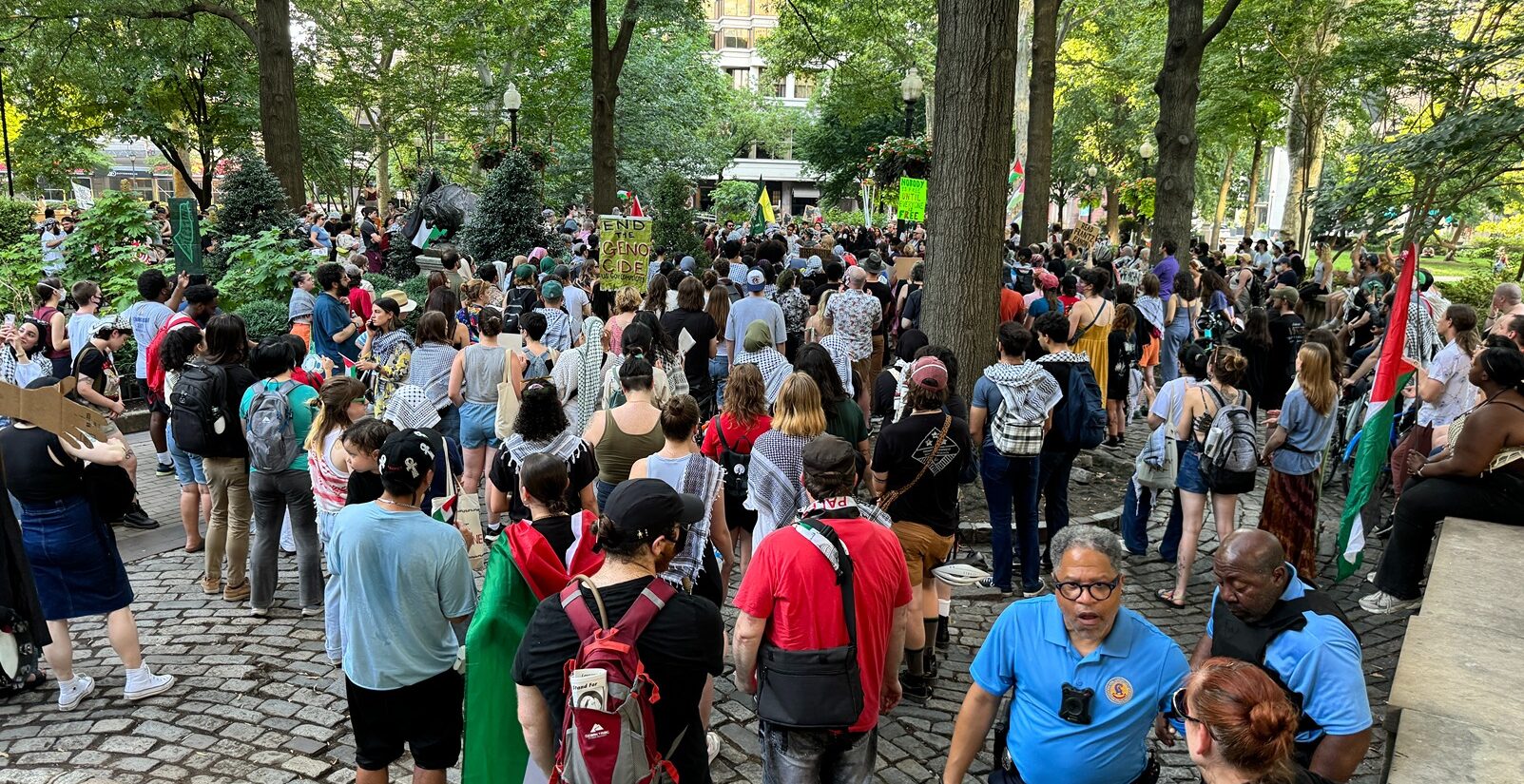 Hundreds rally at Rittenhouse Square on Thursday to condemn Israel’s Gaza occupation and demand an immediate cease-fire before marching to Center City. (Carmen Russell-Sluchansky)