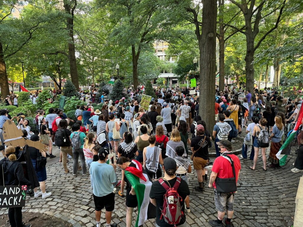 protest-philadelphia-2024-07-04-7 Hundreds rally at Rittenhouse Square on Thursday to condemn Israel’s Gaza occupation and demand an immediate cease-fire before marching to Center City. (Carmen Russell-Sluchansky)