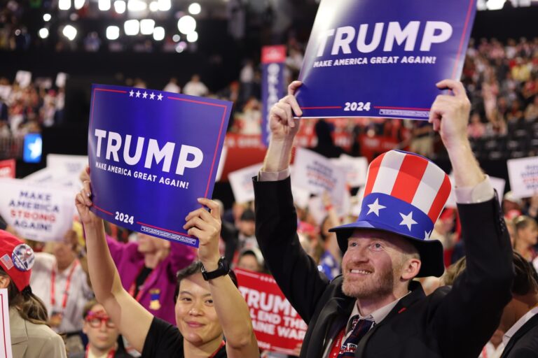Delegates and supporters cheer at the convention