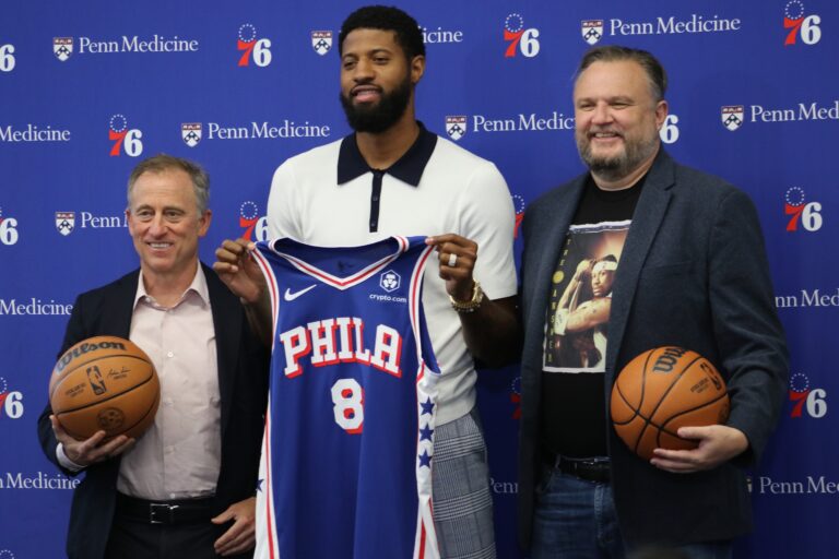 Paul George, Daryl Morey and Josh Harris