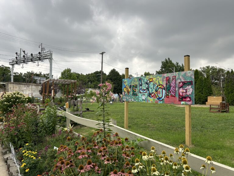 EPA officials visited Tioga-Hope Park and Garden in North Philadelphia Wednesday to learn about the community's environmental priorities. (Sophia Schmidt/WHYY)