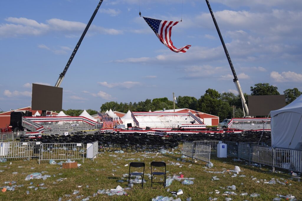 APTOPIX Election 2024 Trump A campaign rally site for Republican presidential candidate former President Donald Trump is empty and littered with debris Saturday, July 13, 2024, in Butler, Pa.