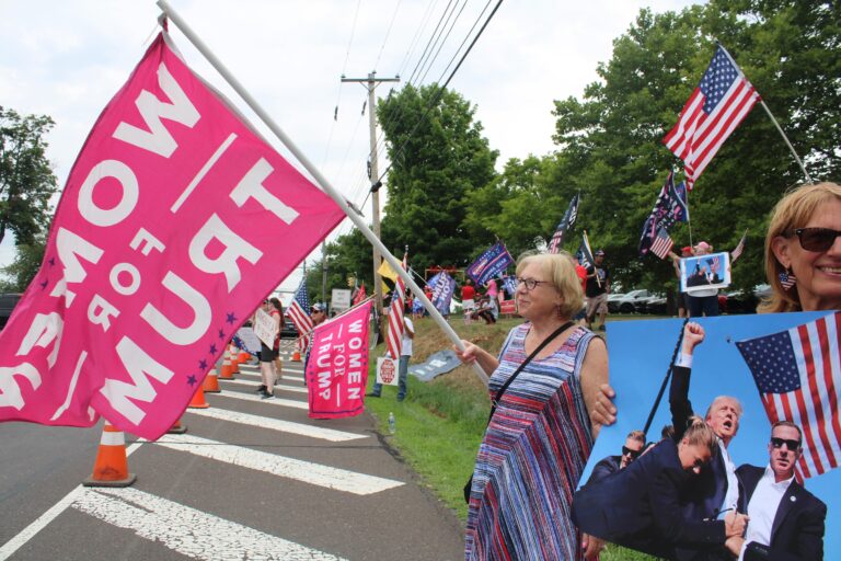 Susan Deacon, 74, of Bensalem, said she supports Trump because he will help the economy and stop illegal immigration. (Emily Neil/WHYY)