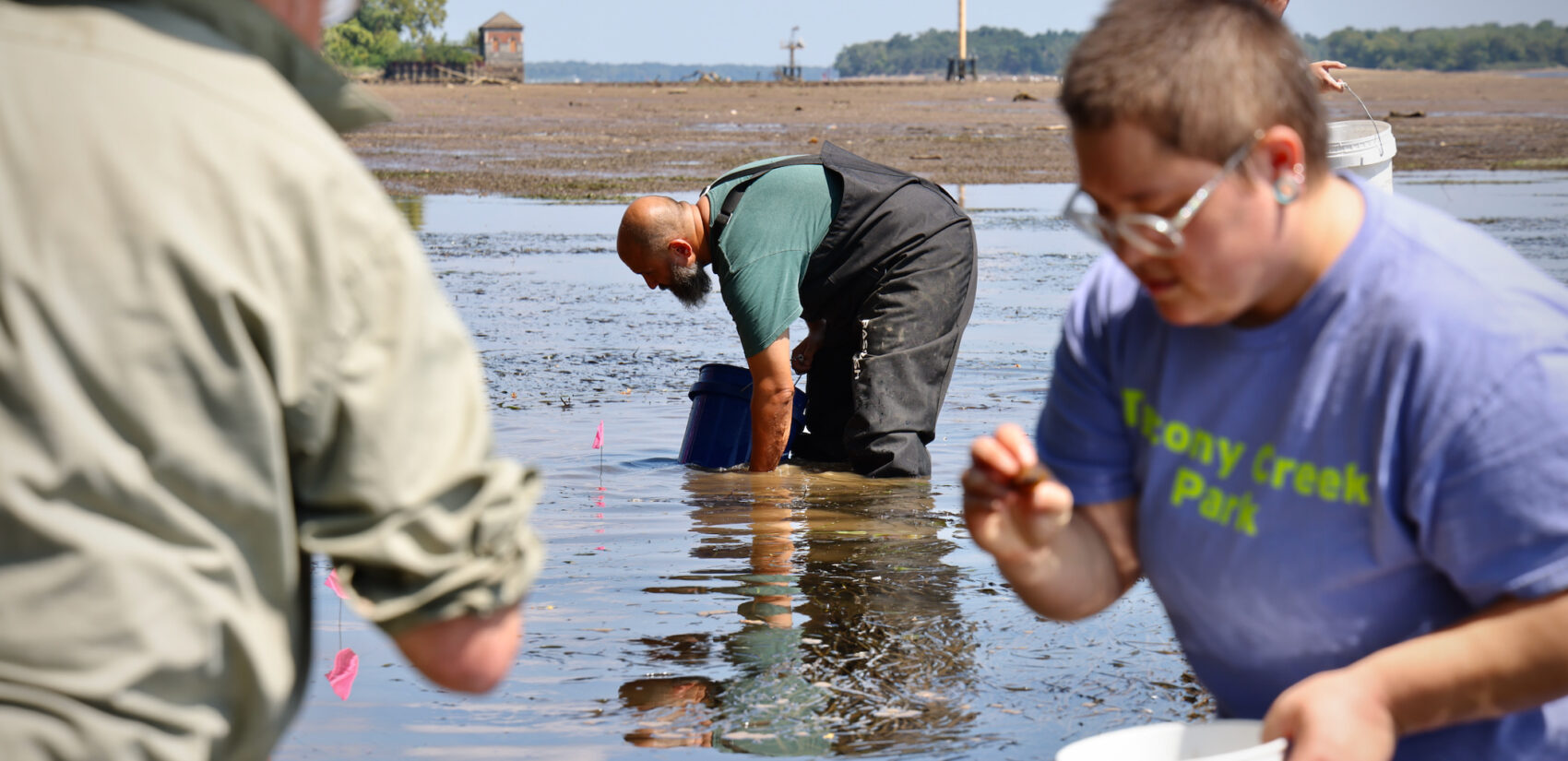 Volunteers search the shallows of the Delaware River