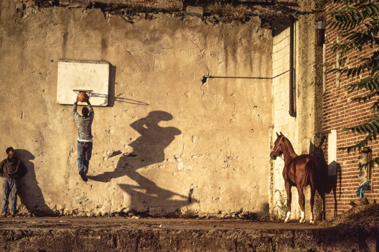 Two Black children play basketball while a horse is tied up nearby