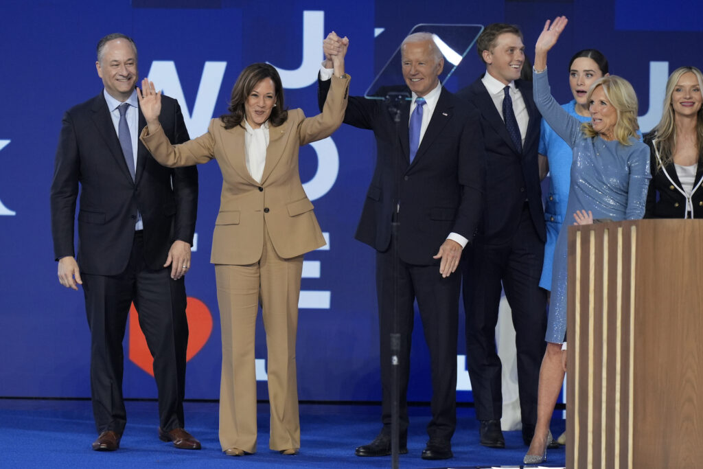 Election 2024 DNC Kamala Harris and Joe Biden on stage with their families