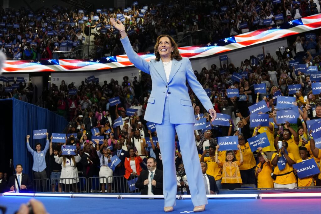 Kamala Harris Vice President Kamala Harris waves during a campaign rally