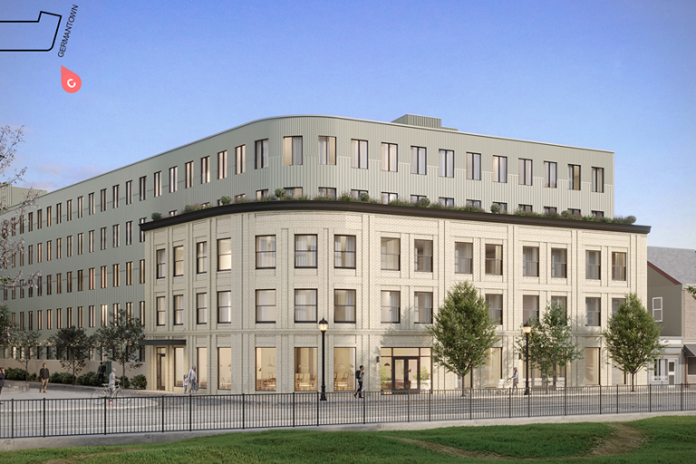 A rendering shows a proposed apartment building along Germantown Avenue