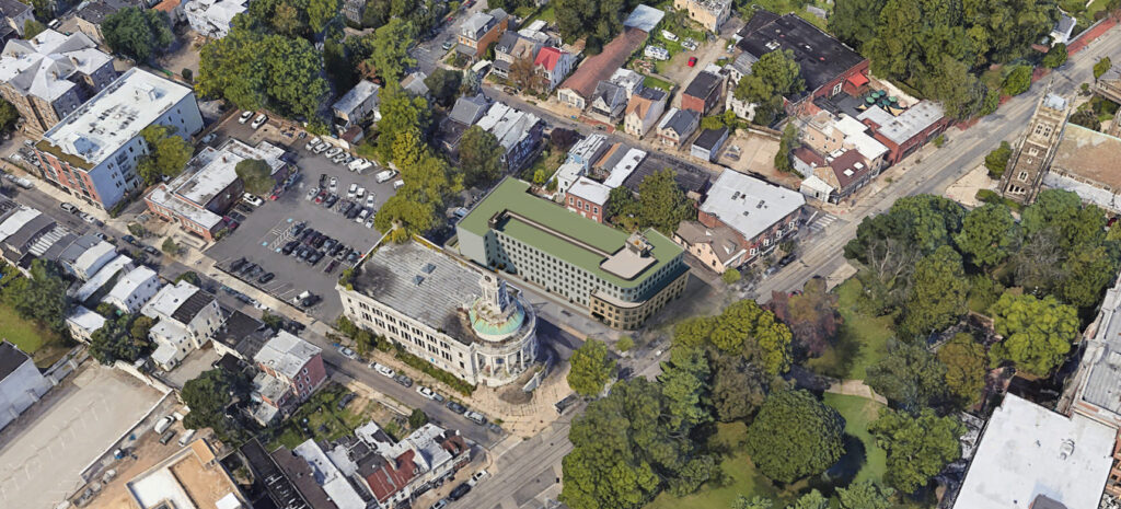 A rendering shows a proposed apartment building along Germantown Avenue from an overhead map view