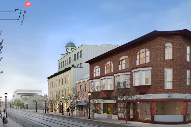 A rendering shows a proposed apartment building along Germantown Avenue