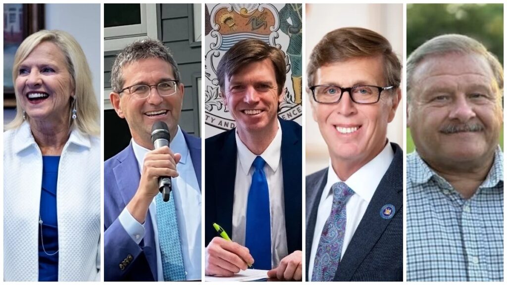 delaware-governors-race-2024 Bethany Hall-Long, Matt Meyer, Collin O’Mara, Mike Ramone and Bobby Williamson