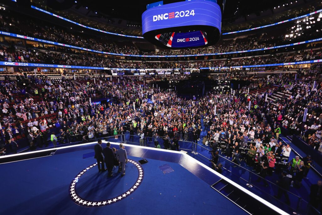 dnc-day-1-2024 Rev. Al Sharpton and Rev. Jesse Jackson attend Day One of the Democratic National Convention, at the United Center, Monday, Aug. 19, 2024 in Chicago. (Mike Segar/Pool via AP)