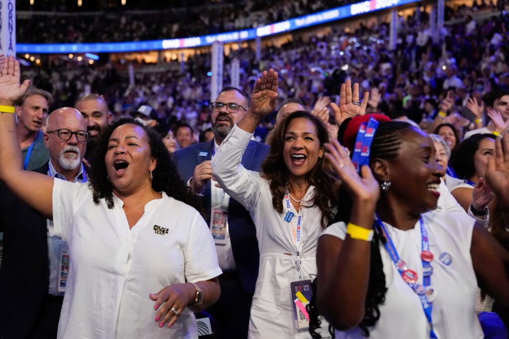 female-delagates-2024-dnc-final-night-white Female delegates at the DNC wearing white