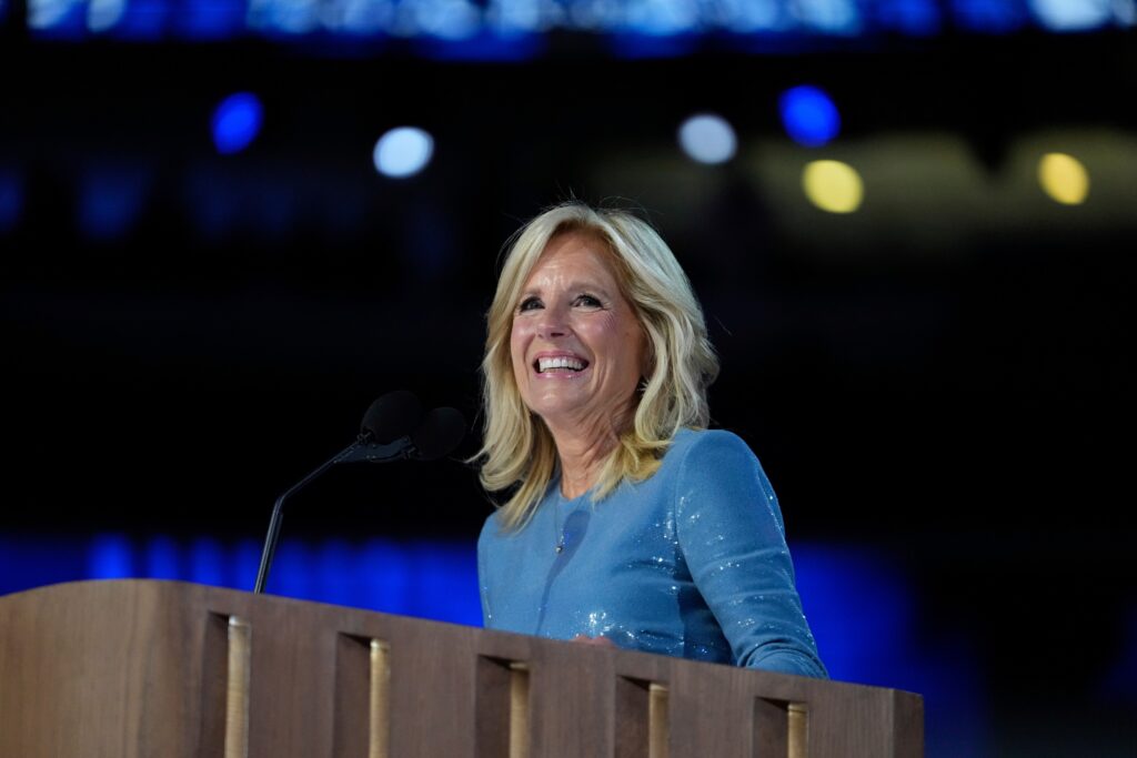 jill-biden-2024-08-19 First Lady Jill Biden speaks during the Democratic National Convention Monday, Aug. 19, 2024, in Chicago. (AP Photo/Paul Sancya)