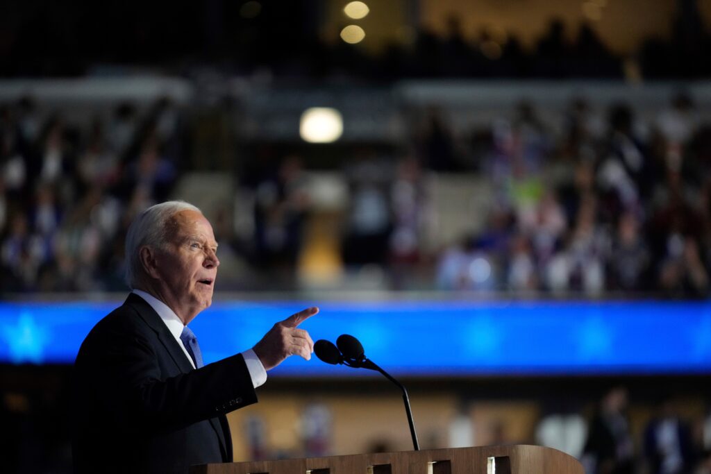 joe-biden-2024-08-19 President Joe Biden speaks at the Democratic National Convention Monday, Aug. 19, 2024, in Chicago. (AP Photo/Paul Sancya)