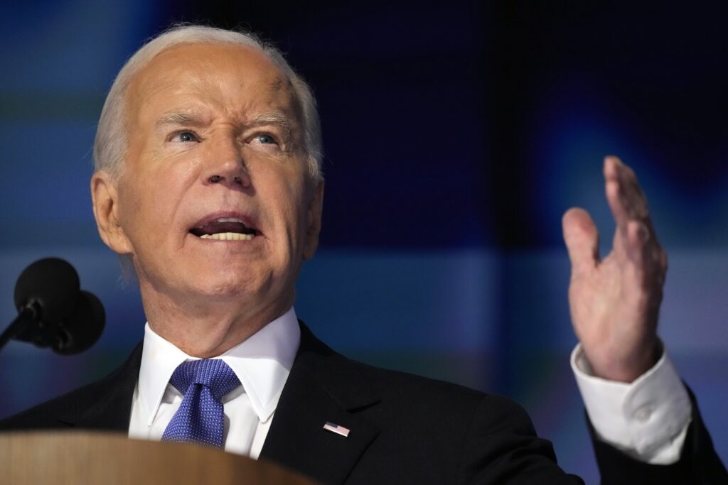 Election 2024 DNC President Joe Biden speaks during the first day of Democratic National Convention, Monday, Aug. 19, 2024, in Chicago.