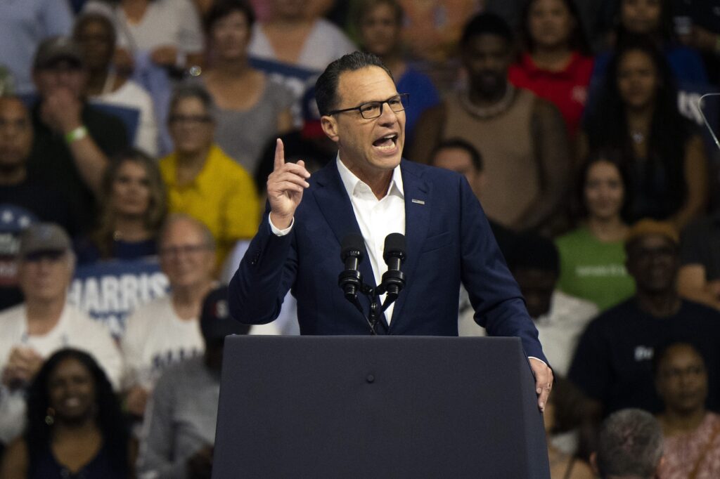 Election 2024 Harris Pennsylvania Gov. Josh Shapiro speaks before Democratic presidential nominee Vice President Kamala Harris and her running mate Minnesota Gov. Tim Walz during a campaign event in Philadelphia