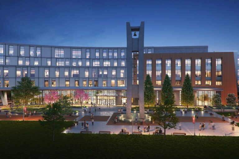 A rendering of the redesigned building's exterior