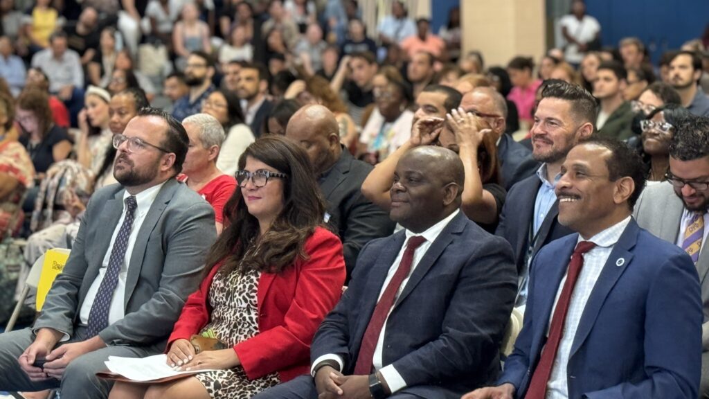 philadelphia_schools_new_hire_orientation_2024 A group of educators and School District of Philadelphia Superintendent Tony B. Watlington Sr. sit in a large crowd