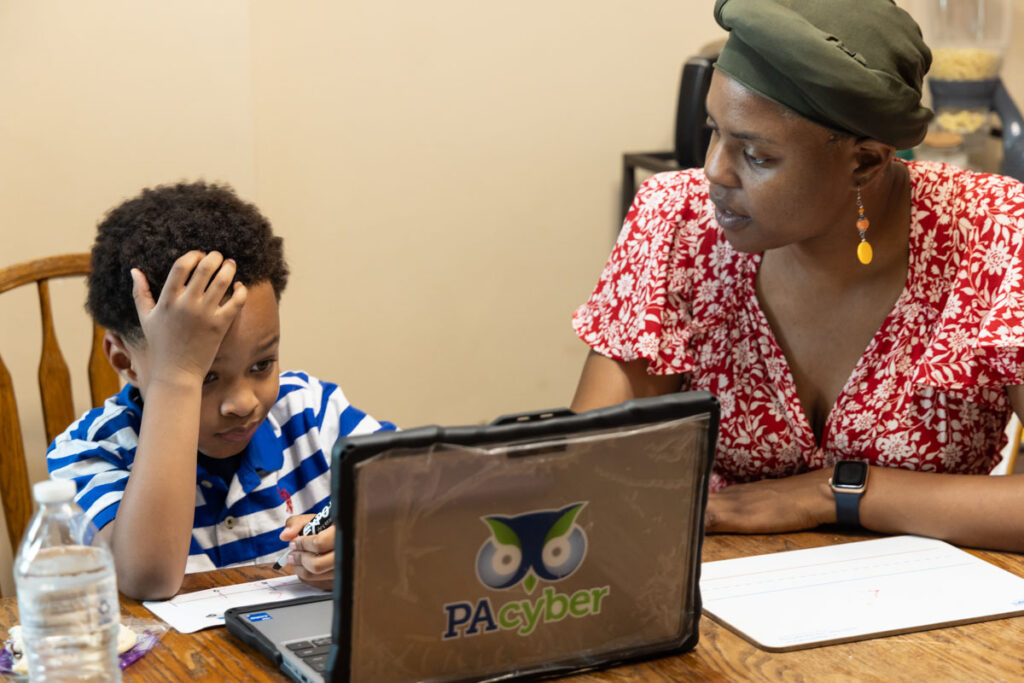 09 19 2024 k paynter constenance and austen-4-1200 Constance Jones and her son, Austen, during a typical day of online learning with PA Cyber. (Kimberly Paynter/WHYY)