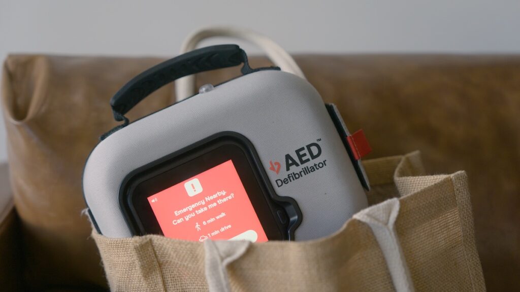 An automated external defibrillator (AED) is a medical device that evaluates a person’s heart rhythm and delivers an electrical shock to help restore a normal rhythm during cardiac arrest. (Courtesy of Avive Solutions) An automated external defibrillator (AED) is a medical device that evaluates a person's heart rhythm and delivers an electrical shock to help restore a normal rhythm during cardiac arrest. (Courtesy of Avive Solutions)
