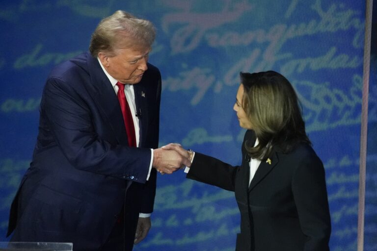 Donald Trump and Kamala Harris on debate stage